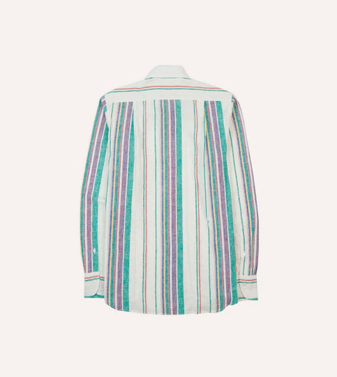 Drake's Ecru, Purple and Green Stripe Linen-Cotton Long Point Collar Shirt 6