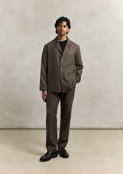 De Bonne Facture Olive Puppytooth English wool flannel Traveler Jacket, full length front view worn with the matching trousers