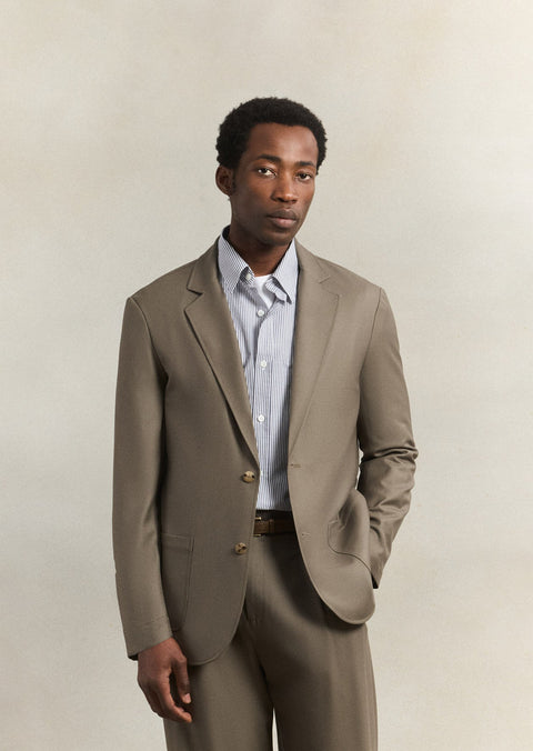 De Bonne Facture Writer's Jacket in vert-de-gris Super 130's merino, unstructured and unlined, front view