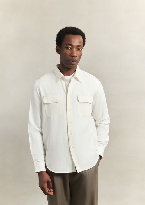De Bonne Facture Artist Shirt in white cotton and hemp gabardine woven in Japan, front view