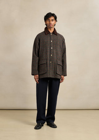De Bonne Facture Dark Brown Check Harris Tweed Forest Jacket, full length front view