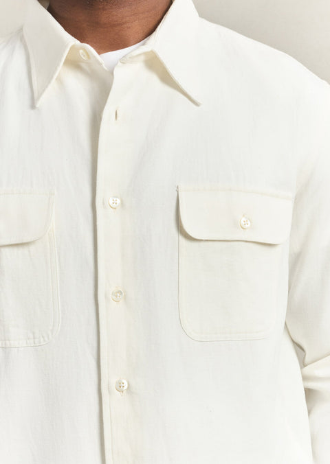 De Bonne Facture Artist Shirt in white cotton and hemp gabardine woven in Japan, side view