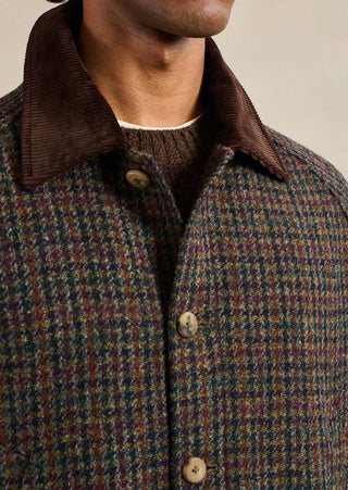 De Bonne Facture Dark Brown Check Harris Tweed Forest Jacket, corduroy collar and button detail