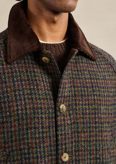 De Bonne Facture Dark Brown Check Harris Tweed Forest Jacket, corduroy collar and button detail