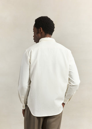 De Bonne Facture Artist Shirt in white cotton and hemp gabardine woven in Japan, back view