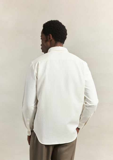 De Bonne Facture Artist Shirt in white cotton and hemp gabardine woven in Japan, back view