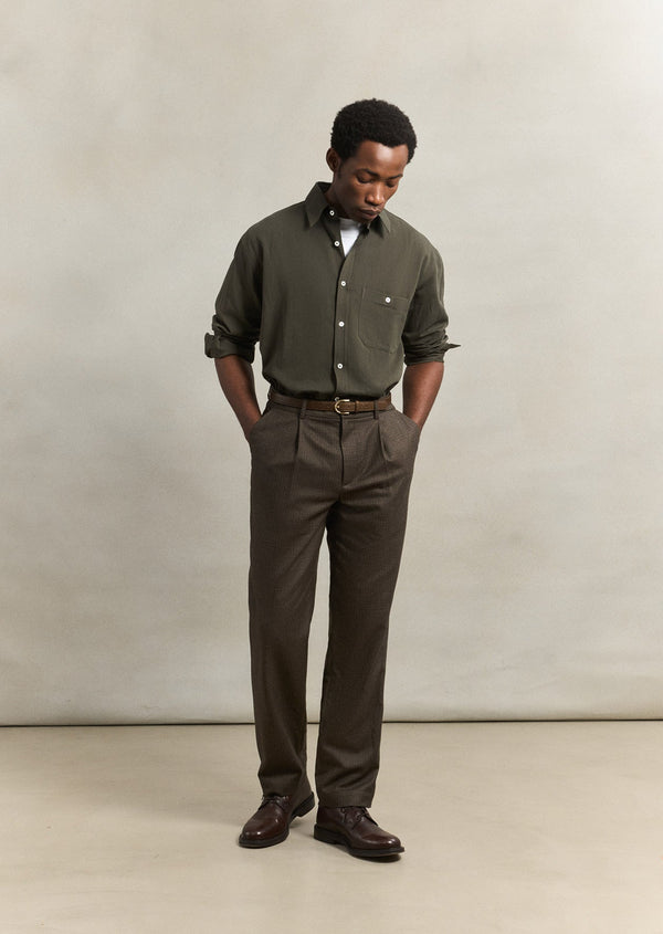 Olive Puppytooth One Pleat Trousers English Wool Flannel