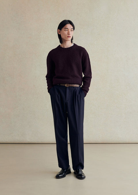 De Bonne Facture crew neck sweater in plum bouclé wool, knitted by Scaglione in Bergamo, front view