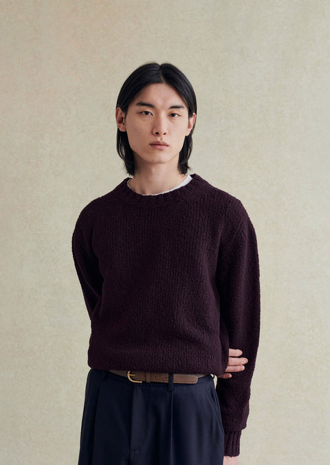 De Bonne Facture crew neck sweater in plum bouclé wool, knitted by Scaglione in Bergamo, side view