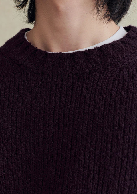 De Bonne Facture crew neck sweater in plum bouclé wool, knitted by Scaglione in Bergamo, back view