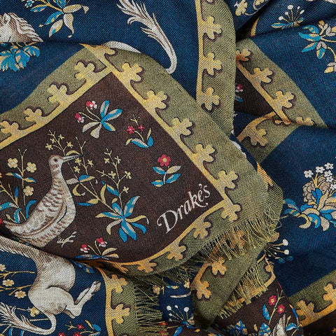 Drake's Navy Unicorn Tile Print Wool-Silk Scarf 3