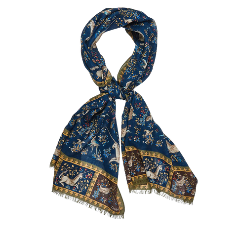Drake's Navy Unicorn Tile Print Wool-Silk Scarf 1