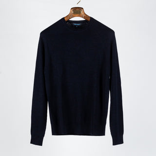 PYA Navy Merino Wool Ribbed Crewneck - Wool, Merino, Modern Fit, Knit