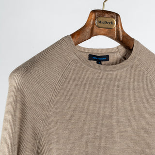 PYA Tan Merino Wool Ribbed Crewneck - Wool, Merino, Modern Fit, Knit - Detail View
