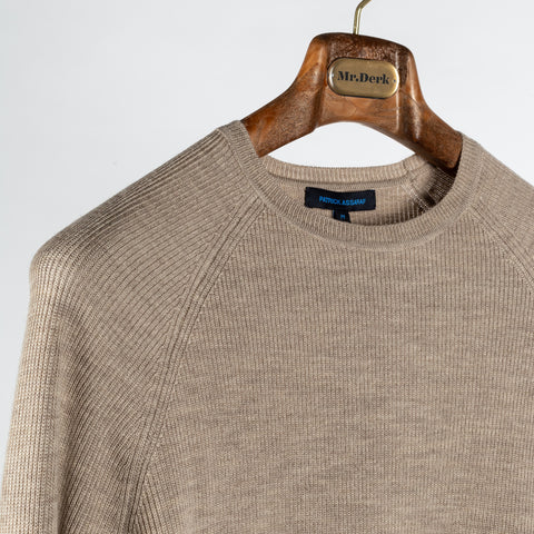 PYA Tan Merino Wool Ribbed Crewneck - Wool, Merino, Modern Fit, Knit - Detail View