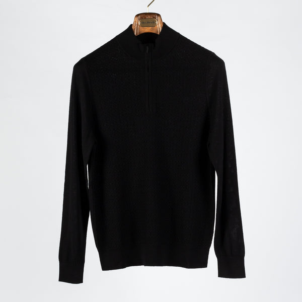 Textured Black Merino Wool Quarter Zip