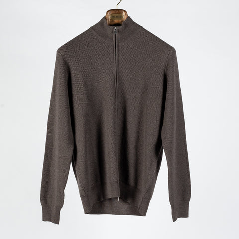 Gran Sasso Brown Chainlink Stitch Full Zip Cardigan - Wool, Denim, Italian, Knit, Made In Italy