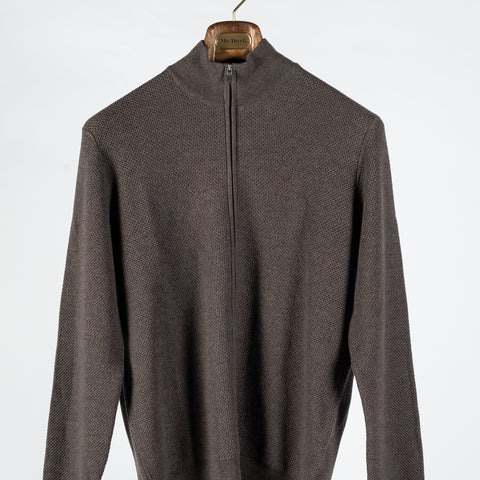 Gran Sasso Brown Chainlink Stitch Full Zip Cardigan - Wool, Denim, Italian, Knit, Made In Italy - View 6