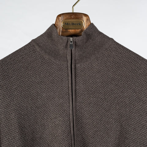 Gran Sasso Brown Chainlink Stitch Full Zip Cardigan - Wool, Denim, Italian, Knit, Made In Italy - View 7