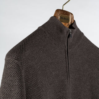 Gran Sasso Brown Chainlink Stitch Full Zip Cardigan - Wool, Denim, Italian, Knit, Made In Italy - Detail View