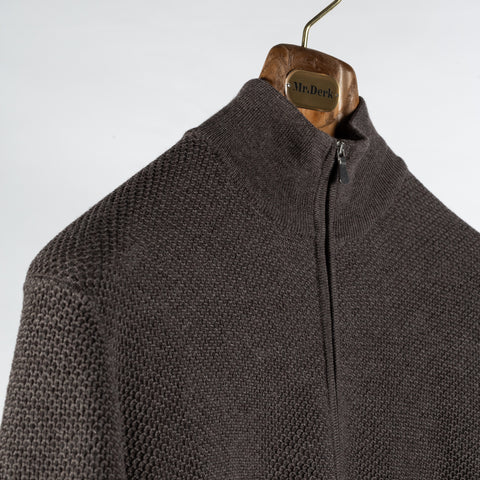 Gran Sasso Brown Chainlink Stitch Full Zip Cardigan - Wool, Denim, Italian, Knit, Made In Italy - Detail View