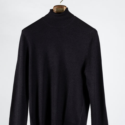 Gran Sasso Navy Micro Ribbed Turtle neck Sweater - Wool, Knit, Made In Italy - View 6