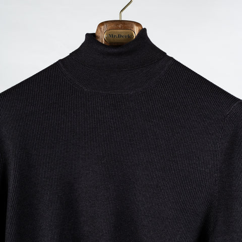 Gran Sasso Navy Micro Ribbed Turtle neck Sweater - Wool, Knit, Made In Italy - View 7