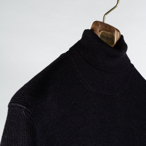 Gran Sasso Navy Micro Ribbed Turtle neck Sweater - Wool, Knit, Made In Italy - Detail View