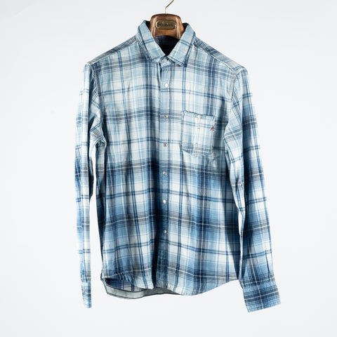 Replay Blue Check Button Down Shirt - White, Cotton, Denim, Suede, Regular Fit
