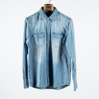 Replay Light Wash Denim Western Shirt - Blue, Cotton, Denim, Leather, Woven