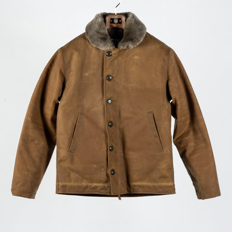 Dehen 1920 Tan Waxed N-1 Deck Jacket w/ Mouton Collar 1