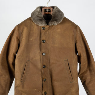 Dehen 1920 Tan Waxed N-1 Deck Jacket w/ Mouton Collar 8