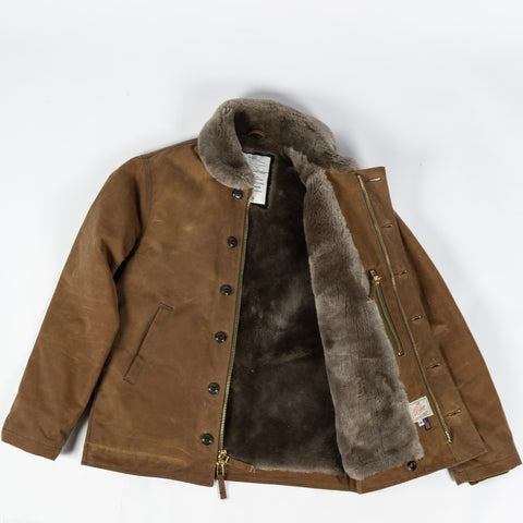 Dehen 1920 Tan Waxed N-1 Deck Jacket w/ Mouton Collar 11