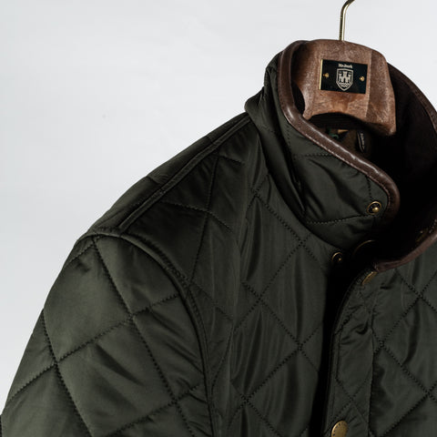 Barbour Olive Powell Quilted Jacket - Tan, Corduroy, Leather, Polyester, Modern Fit - Detail View