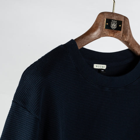Wythe Navy Cotton Longsleeve Thermal - Cotton, Flannel, Stretch, Tailored Fit - Detail View