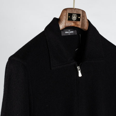 Gran Sasso Black Felted Cashmere Knitted Zip Sweater - Cashmere, Flannel, Italian, Made In Italy - Detail View