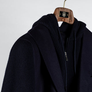Gran Sasso Navy Super Geelong & Flannel Hooded Blazer - Wool, Flannel, Italian, Knit, Made In Italy - Detail View