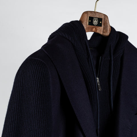 Gran Sasso Navy Super Geelong & Flannel Hooded Blazer - Wool, Flannel, Italian, Knit, Made In Italy - Detail View