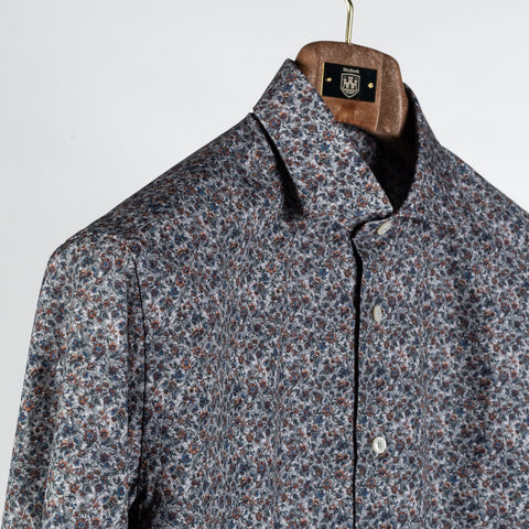 Xacus Grey Floral Evolution Fit Dress Shirt - Cotton, Silk, Denim, Made In Italy - Detail View