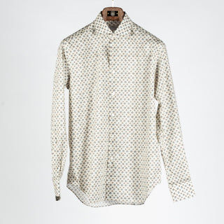Xacus Biege Printed Evolution Fit Dress Shirt - Blue, Cotton, Silk, Italian, Geometric, Made In Italy