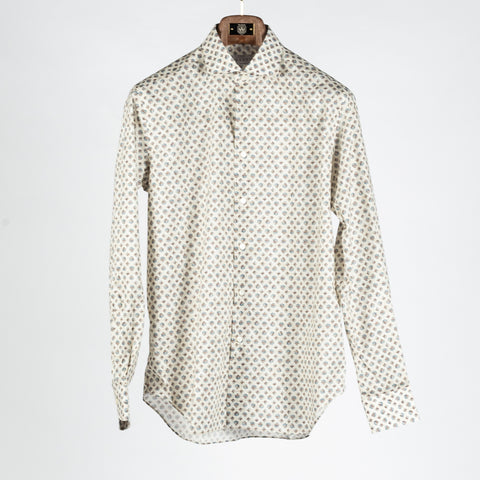 Xacus Biege Printed Evolution Fit Dress Shirt - Blue, Cotton, Silk, Italian, Geometric, Made In Italy