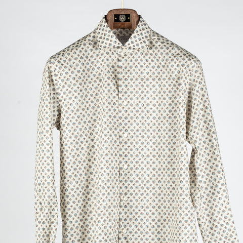 Xacus Biege Printed Evolution Fit Dress Shirt - Blue, Cotton, Silk, Italian, Geometric, Made In Italy - View 7