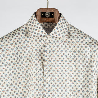 Xacus Biege Printed Evolution Fit Dress Shirt - Blue, Cotton, Silk, Italian, Geometric, Made In Italy - View 6