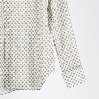 Xacus Biege Printed Evolution Fit Dress Shirt - Blue, Cotton, Silk, Italian, Geometric, Made In Italy - Back View