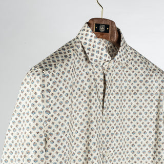Xacus Biege Printed Evolution Fit Dress Shirt - Blue, Cotton, Silk, Italian, Geometric, Made In Italy - Detail View
