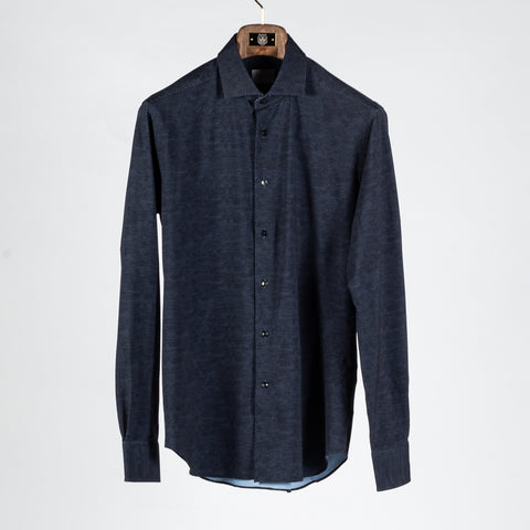 Xacus Navy Geometric Printed Active Fit Dress Shirt - Stretch, Italian, Modern Fit