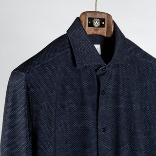 Xacus Navy Geometric Printed Active Fit Dress Shirt - Stretch, Italian, Modern Fit - Detail View