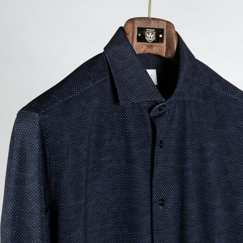 Xacus Navy Geometric Printed Active Fit Dress Shirt - Stretch, Italian, Modern Fit - Detail View