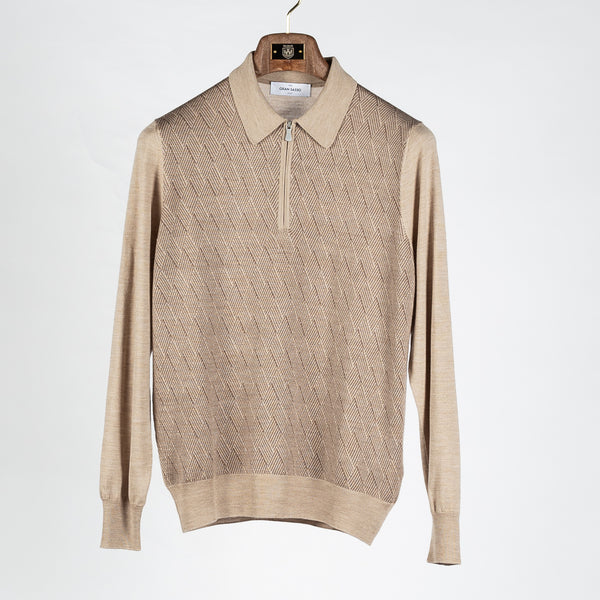 Beige Diamond-Stitch Wool Silk Zip Polo