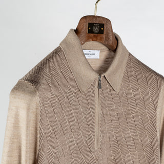 Gran Sasso Beige Diamond-Stitch Wool Silk Zip Polo 3